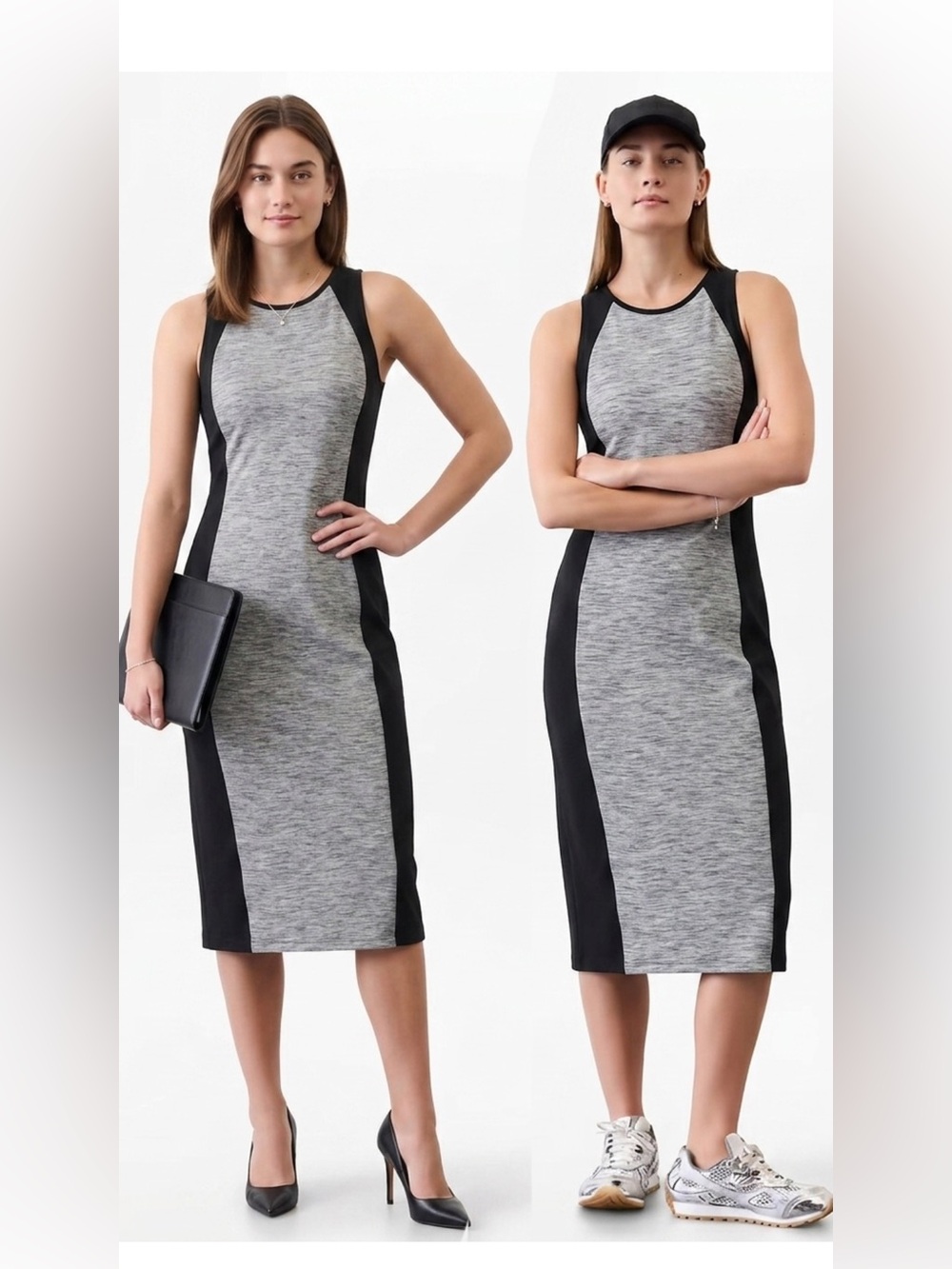 Athleta Cityscape Grey and Black Sleeveless Midi Sheath Dress XS